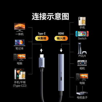 绿联HDMI视频采集卡4K高清输入 PD充电 MS2130适用Switch/PS5电脑手机平板相机游戏抖音直播 转Type-C 