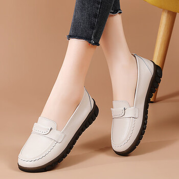 舒适女鞋夏季中年皮鞋单鞋中老年真皮豆豆鞋 米色 36【图片 价格 品牌
