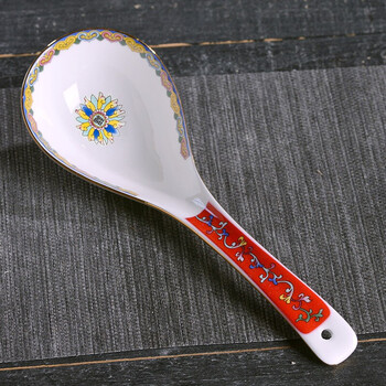 大汤勺家用大汤瓷勺汤匙大号长柄粥勺稀饭勺 金边红粉彩大勺【1只】