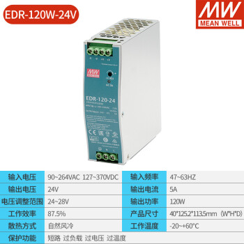 明纬（MEANWELL）开关电源EDR-75W120W150W220转24V12V48V导轨式薄LED灯工控驱动器 EDR-120-24