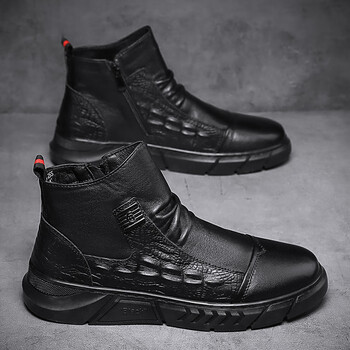 高帮皮鞋男春秋季新款防水厨房防滑鞋男士工作马丁靴子工装男靴 黑色