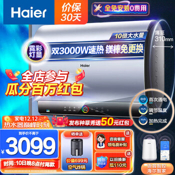 海尔（Haier）电热水器60升扁桶双胆双3000W速热一级能效家用卫生间储水式大容量霓彩PAD5 60升