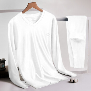 七匹狼白色秋衣秋裤男纯棉v领保暖内衣套装冬季男士薄款打底棉毛衫