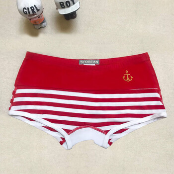 海军风女士中性内裤les帅t平角四角内裤棉条纹青年夏 细纹红白 xl