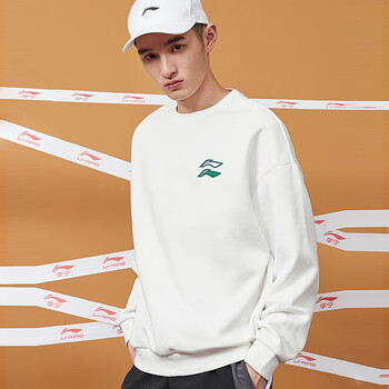 李宁lining卫衣男2021秋冬情侣款加绒套头保暖圆领运动服上衣白色加绒