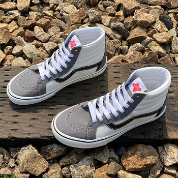 万斯(vans)wanshi灰白高帮百搭休闲男鞋 帆布鞋 灰白色 35