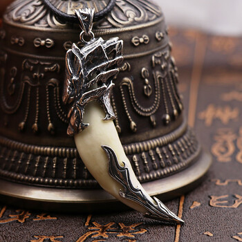 镶嵌真黑狗牙齿牙吊坠狼牙包银男士项链饰品随身携带复古挂件 925银