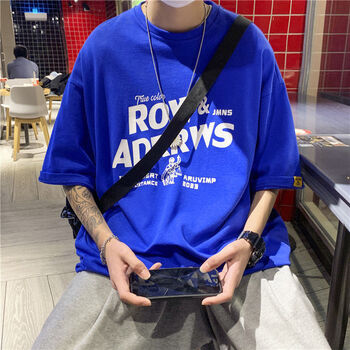 穿的纯棉短袖t恤男宽松韩版潮流百搭学生蓝色row人物s收藏店铺优先