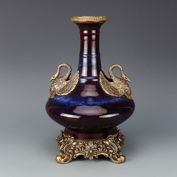 乾隆回流镶铜窑变荸荠瓶古董古玩景德镇仿古瓷器收藏品真品摆件