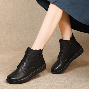 女鞋同款真i皮短靴女妈妈棉鞋秋冬加绒舒适软底单靴平底中老年皮鞋仓