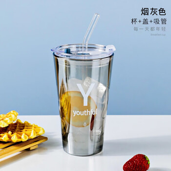 芸栀沁吸管杯成人玻璃杯咖啡杯奶茶饮料杯办公室家用网红喝水杯500ml