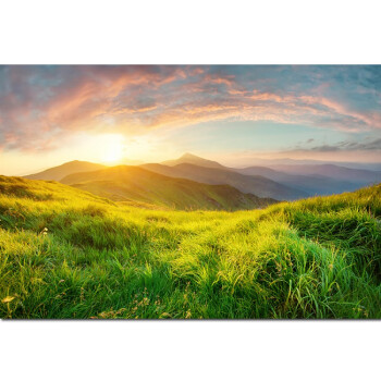 草原草地高山山峰聚財自然景觀風景畫太陽射線彩色天空餐廳裝飾畫w214