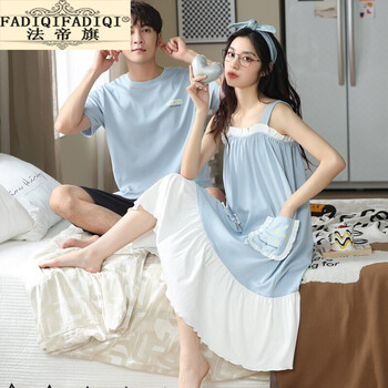 法帝旗轻奢品牌情侣睡衣女夏季纯棉短袖薄款可爱性感吊带睡裙男士全棉家居服套装款式1 女M 男XL