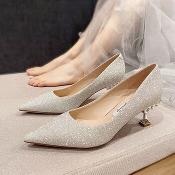 水晶鞋高跟鞋女18岁大学生成年礼香槟色高跟2023年新款春秋低跟婚银色