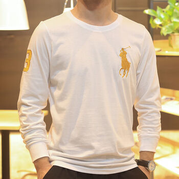 保罗polo男装长袖t恤男棉刺绣小马标刺绣圆领体恤男休闲保罗衫 白色