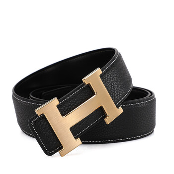 字母皮带男士真皮网红平滑扣腰带时尚百搭商务个性裤带潮 h原版黑色