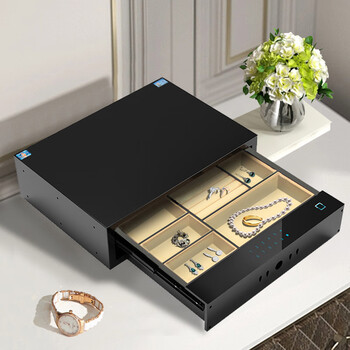 指纹密码抽屉柜全钢防盗床头嵌入式保险箱迷你 宽40指纹米白豪华版