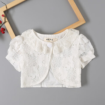 新款儿童蕾丝开衫外搭女孩子休闲上衣短袖披肩韩版白色披肩白色90cm
