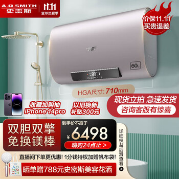 史密斯（A.O.SMITH） 电热水器60升 5kW速热 扁桶 超薄双胆 免换镁棒 家用 60HGA 金圭特护系统