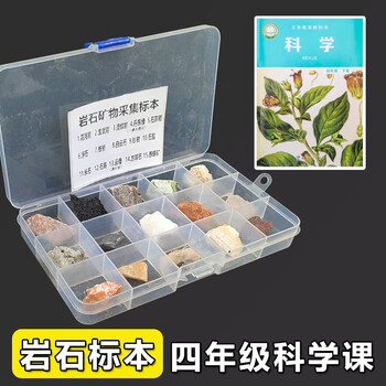 舜江 矿物岩石标本 花岗岩砂岩岩盐云母薄片长石石英有小孔的岩石有条纹的岩石 15种塑料盒装+放大镜