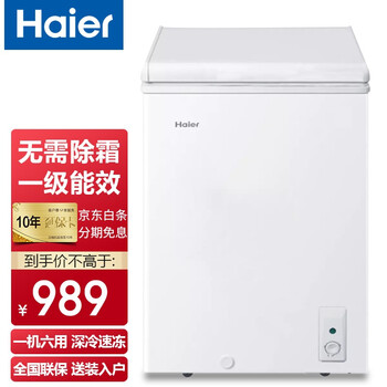 Haier/海尔冰柜家用小型无需除霜冷冻柜冷藏柜保鲜冷柜深冷速冻卧式大容量 脚轮+食品筐+冻140斤肉BC/BD-100HD