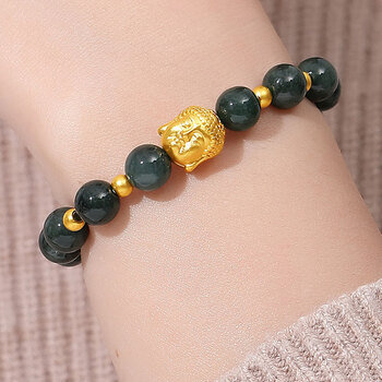 竹节福袋佛头福牌莲花翡翠手串金手链女款 【金佛头 金珠】翡翠手链