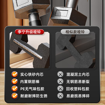李宁（LI-NING）哑铃男女士健身家用环保器材初学者学生宿舍包胶六角小亚玲 5KG*2