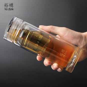 裕樽 （YUZUN） .玻璃杯 五谷丰登透明双层隔热茶杯 礼盒装304茶仓厚底玻璃水杯 商务礼品茶水杯300ml 