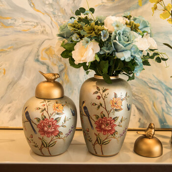 美式乡园陶瓷花瓶手绘花鸟装饰摆件家居客厅储物罐摆设品 花艺套装