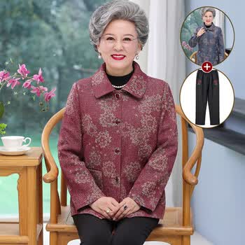品牌老年人春秋装外套60岁70老太太上衣小个子妈妈翻领衣服宽松奶奶装