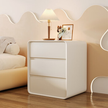 床头柜简约现代奶油风极简实木三层床前柜轻奢皮质免安装 米白色全