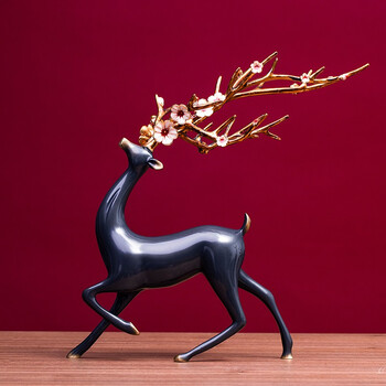禾笙堂铜鹿梅花摆件铜彩麋鹿工艺品家居客厅书房创意摆件办公室桌面