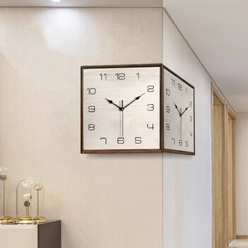 康巴丝（Compas）实木简约双面挂钟客厅现代拐角两面石英钟表挂墙家用时钟 9199