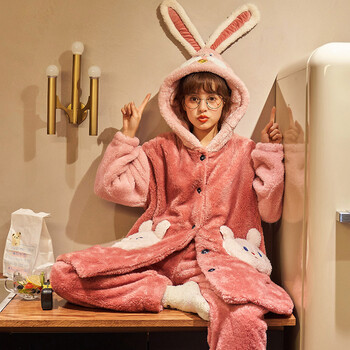 维多利亚的春天睡衣女秋冬季珊瑚绒加厚加绒中长款睡袍可爱卡通兔子