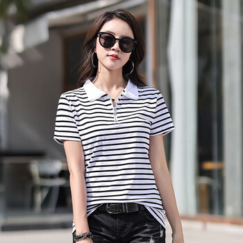 条纹衫女短袖夏季百搭拉链条纹t恤女短袖修身型棉夏季有领子上衣翻领