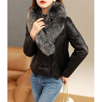 零柒零捌2022冬季新款真皮羽绒服女短款狐狸毛领绵羊皮皮衣外套 黑色