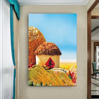 五谷丰登贴画竖版金色麦子装饰画丰收图客厅玄关铝合金框挂画 yl78 40