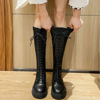 森马长筒靴骑士靴黑色长靴春秋粗腿胖mm大筒围高筒靴子大码女靴 黑色
