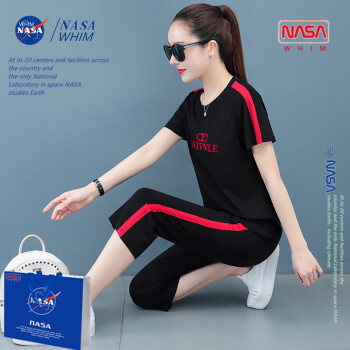 WHIM NASA运动套装女新款夏天T恤休闲两件套跑步服时尚韩版宽松夏季运动服 款2 黑色 4XL【160-180斤】