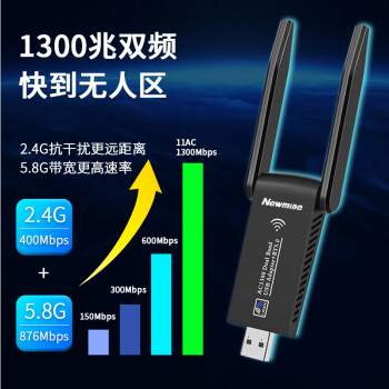 纽曼 1300M免驱版 USB无线网卡 千兆5G双频 台式机笔记本电脑 WiFi接收器发射器 外置双天线高速 穿墙