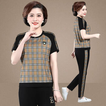 套装2022新款中老年运动装衣服两件套上衣中年人半袖中老年女驼色女l