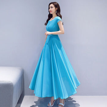 夏季长裙雪纺连衣裙2022新款洋气中长款大摆仙女裙子女夏sn6687青色m