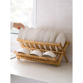 万园琦 楠竹双层碗架碗盘架沥水架实木厨房置物架碗碟架碗栏 16格_碗