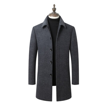 sportsday秋冬季男士呢大衣中长款可脱卸毛领中老年翻领休闲外套灰色