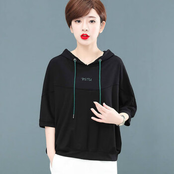 浪莎夏季小衫带帽短袖t恤女2022年新款中年妈妈夏装宽松卫衣连帽薄款