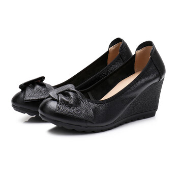 await牛筋底女船鞋浅口瓢鞋女软底春秋坡跟妈妈鞋高跟皮鞋工作鞋 黑色