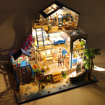 我の屋地中海diy小屋浪漫爱琴海大型手工制作木质模型别墅音乐盒房子