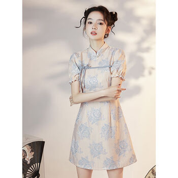 蓝诺猫短款旗袍新款2023年轻款少女夏季新中式小个子提花改良连衣裙米
