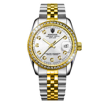 金诗顿男士手表镶钻手表防水日历男士全自动机械手表时尚钢带男表间金