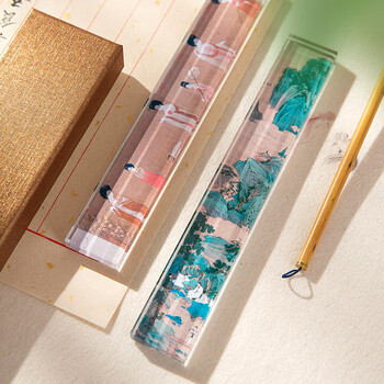 梅林笔庄水晶玻璃镇尺镇纸文房文创压书压纸石毛笔架正尺专业级神器文房四宝砚台创意摆件双清图页镇尺